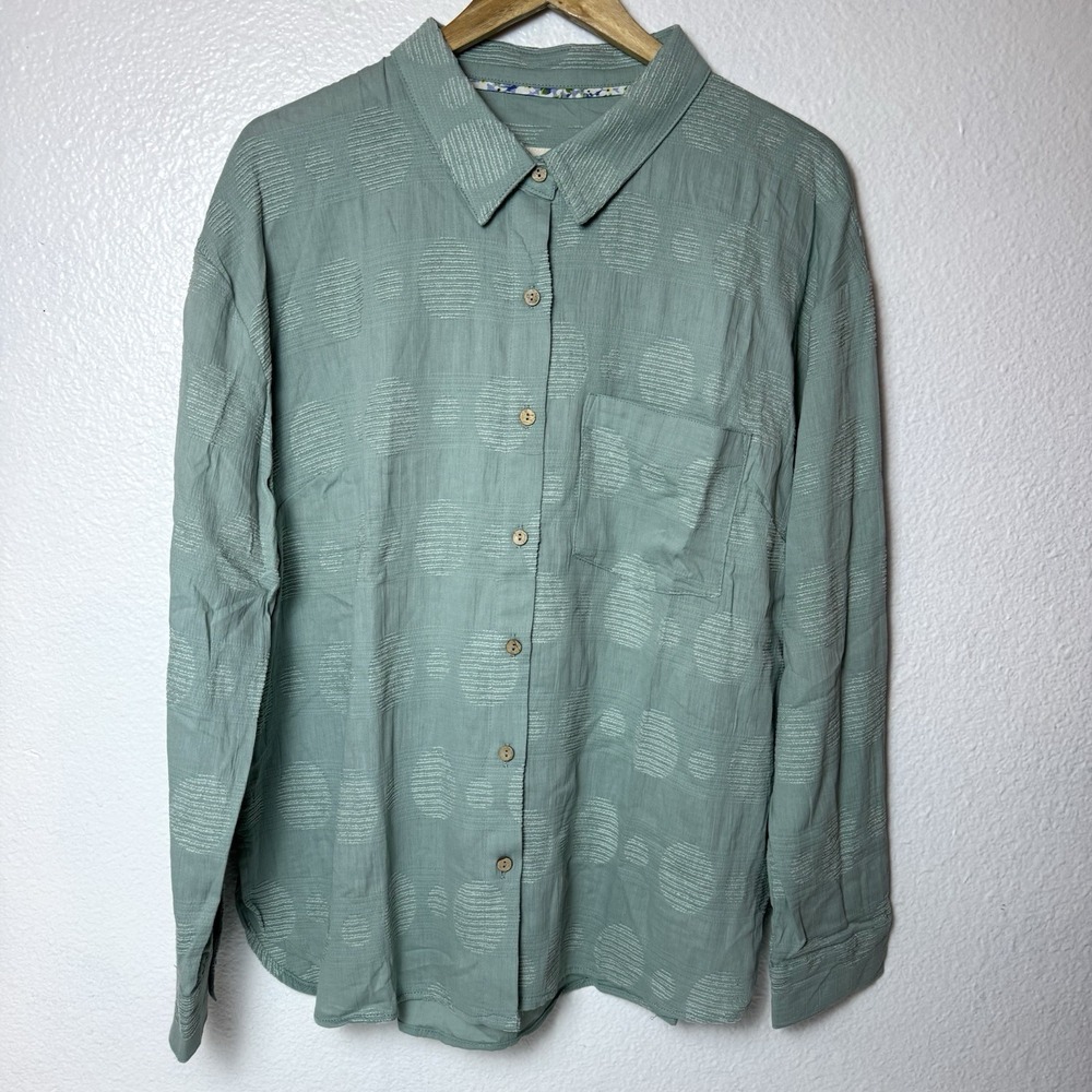 New Umgee Polka Dot Jacquard Button up Shirt Womens Large Blue Green Top Texture